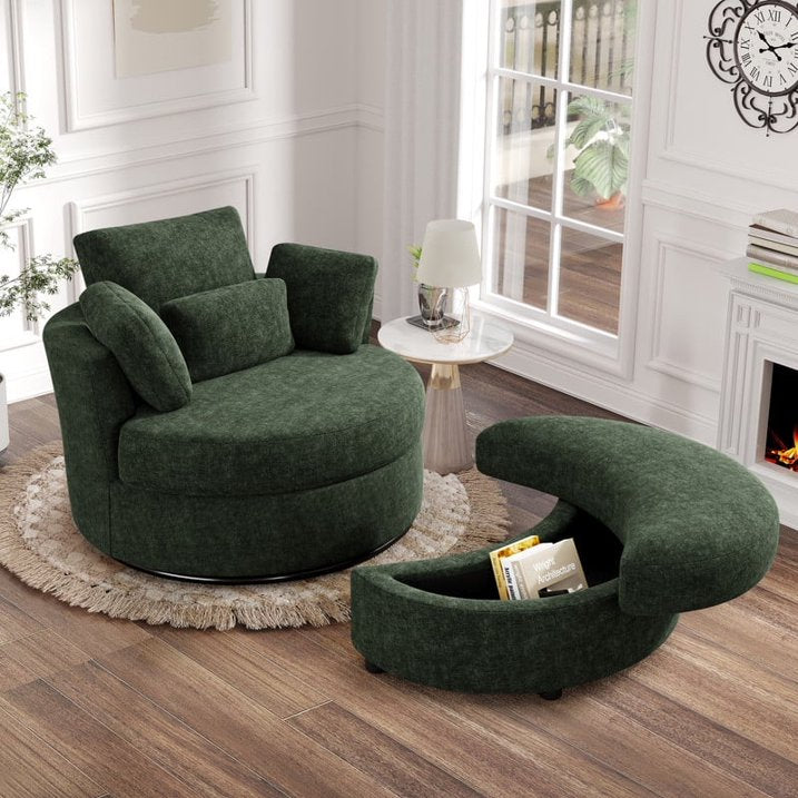 FFH 42&quot; Oversized Swivel Accent Chair with Storage Ottoman, Comfy Teddy Armchair for Living Room, 360-Degree Swivel Barrel Chair, Metal Base