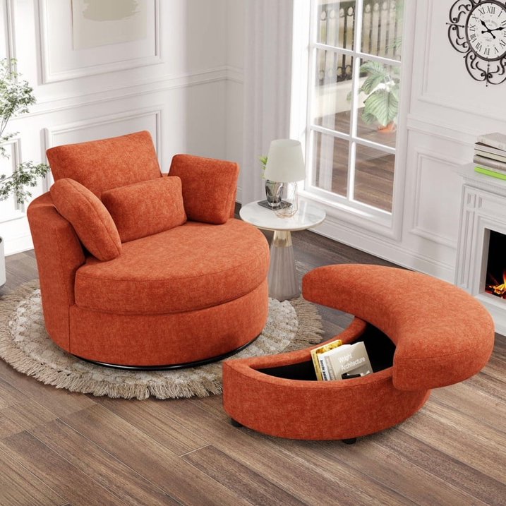 FFH 42&quot; Oversized Swivel Accent Chair with Storage Ottoman, Comfy Teddy Armchair for Living Room, 360-Degree Swivel Barrel Chair, Metal Base