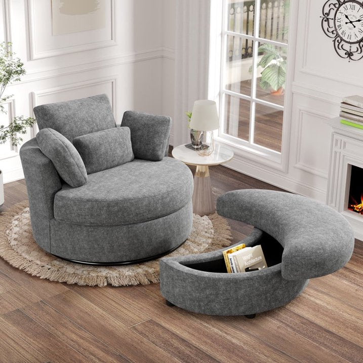 FFH 42&quot; Oversized Swivel Accent Chair with Storage Ottoman, Comfy Teddy Armchair for Living Room, 360-Degree Swivel Barrel Chair, Metal Base