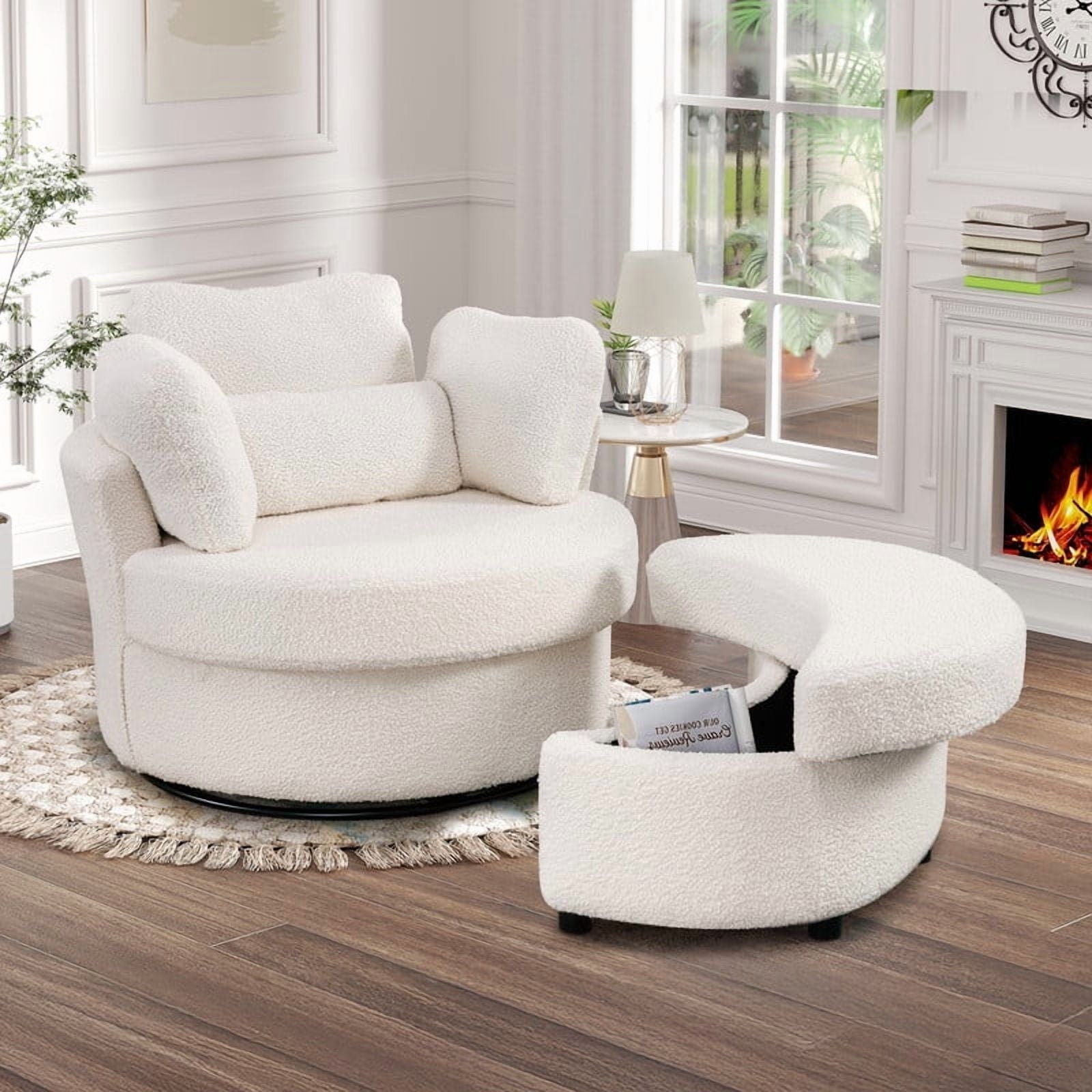 FFH 42&quot; Oversized Swivel Accent Chair with Storage Ottoman, Comfy Teddy Armchair for Living Room, 360-Degree Swivel Barrel Chair, Metal Base