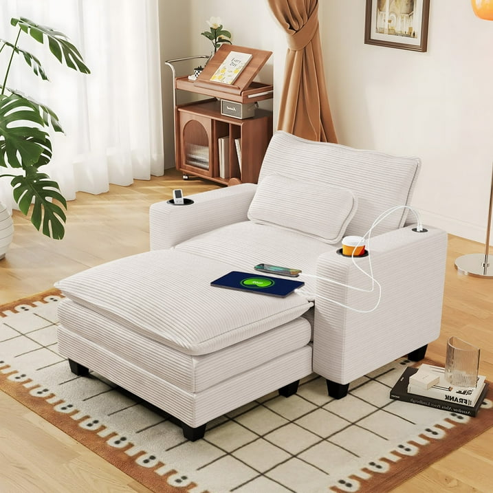 FFH 44.5&quot; Oversized Accent Chair with Ottoman, Chaise Lounge Chair Indoor with USB &amp; Cup Holders, Comfy Corduroy Sofa for Living Room