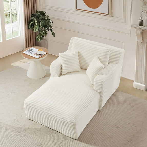 FFH 65.4" Chaise Lounge Indoor, Modern Corduroy Fabric Indoor Lounge Chair, Sleeper Sofa for Living Room, Small Space, White