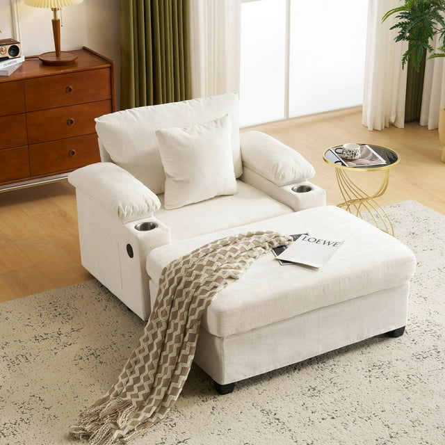 FFH Accent Chair, Modern Oversized Chair with Ottoman, Chenille Comfy Sofa Bed with Cup Holders, Charging Ports and Storage Space