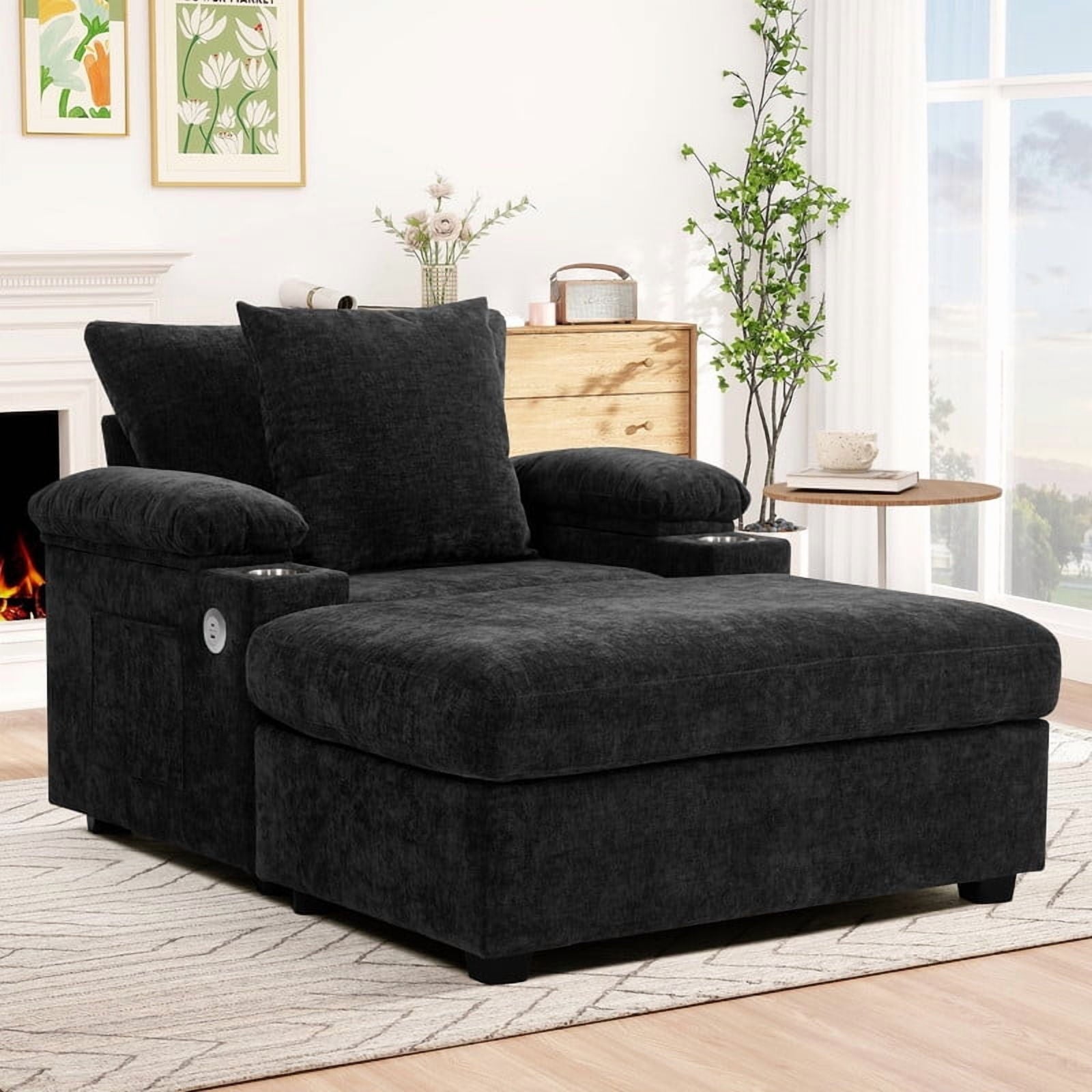 FFH Accent Chair, Modern Oversized Chair with Ottoman, Chenille Comfy Sofa Bed with Cup Holders, Charging Ports and Storage Space
