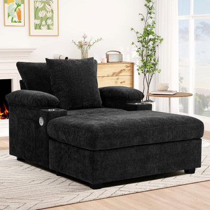 FFH Accent Chair, Modern Oversized Chair with Ottoman, Chenille Comfy Sofa Bed with Cup Holders, Charging Ports and Storage Space