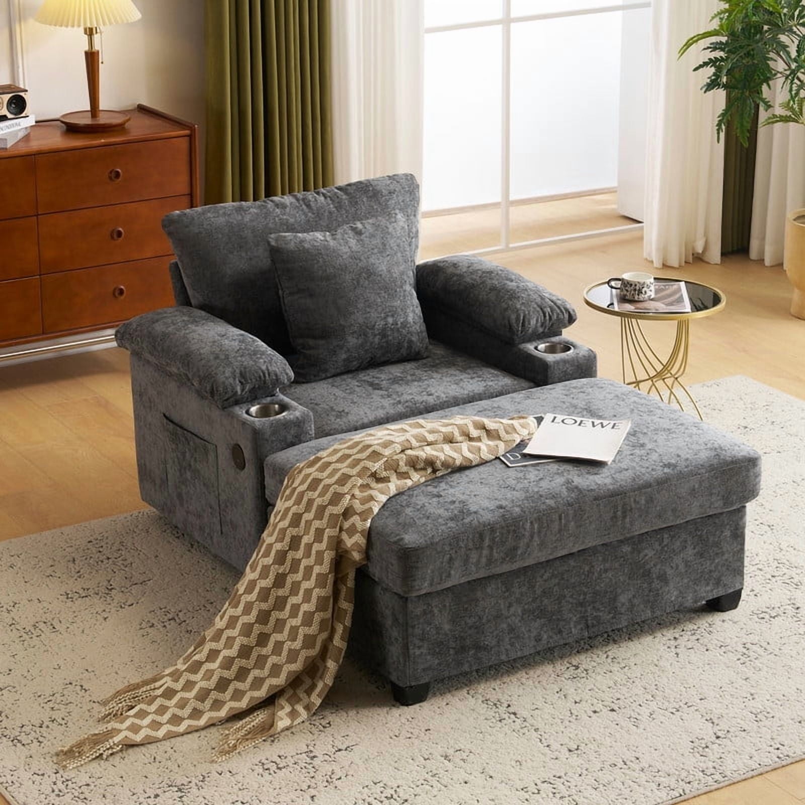 FFH Accent Chair, Modern Oversized Chair with Ottoman, Chenille Comfy Sofa Bed with Cup Holders, Charging Ports and Storage Space