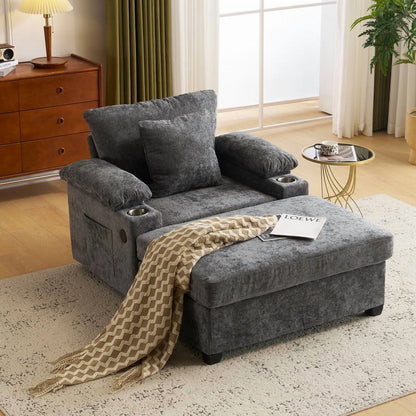 FFH Accent Chair, Modern Oversized Chair with Ottoman, Chenille Comfy Sofa Bed with Cup Holders, Charging Ports and Storage Space