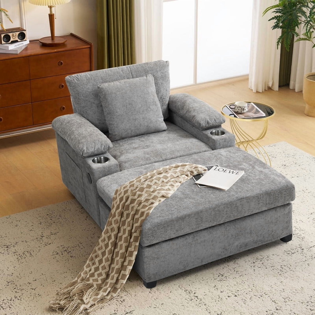 FFH Accent Chair, Modern Oversized Chair with Ottoman, Chenille Comfy Sofa Bed with Cup Holders, Charging Ports and Storage Space