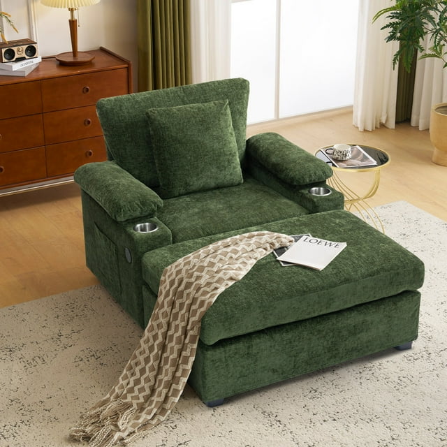 FFH Accent Chair, Modern Oversized Chair with Ottoman, Chenille Comfy Sofa Bed with Cup Holders, Charging Ports and Storage Space