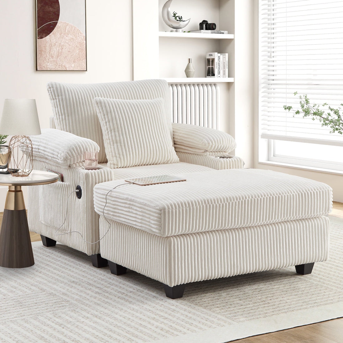 FFH Living Room Chair with Ottoman, 7-Speed Adjustable Backrest, USB &amp; Storage Arms, Cozy Indoor Corduroy Lounge Armchair, Beige