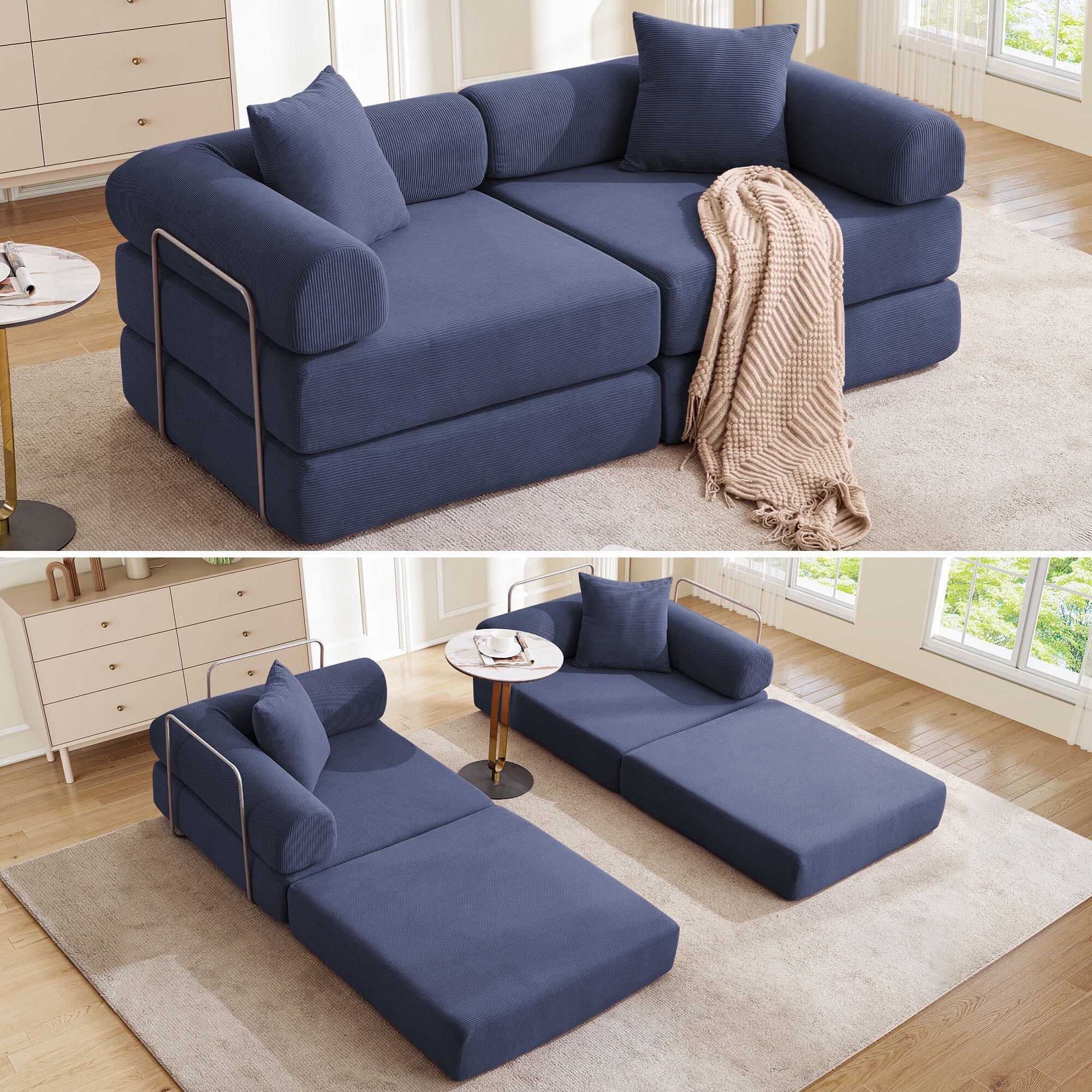 FFH Modular Convertible Floor Sofa Bed, Comfy Foldable Sleeper Cloud Couch for Living Room, Bedroom, Dark Blue Corduroy