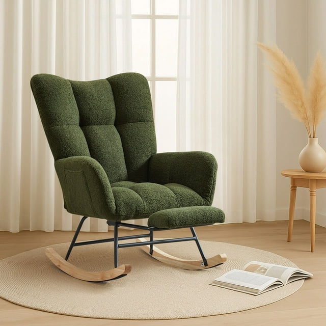 FFH Nursery Rocking Chair,Rocker Recliner Chair with High Backrest,Teddy Upholstered Glider Rocker with Adjustable Footrest,Glider Recliner,Reading Chair for Bed Room