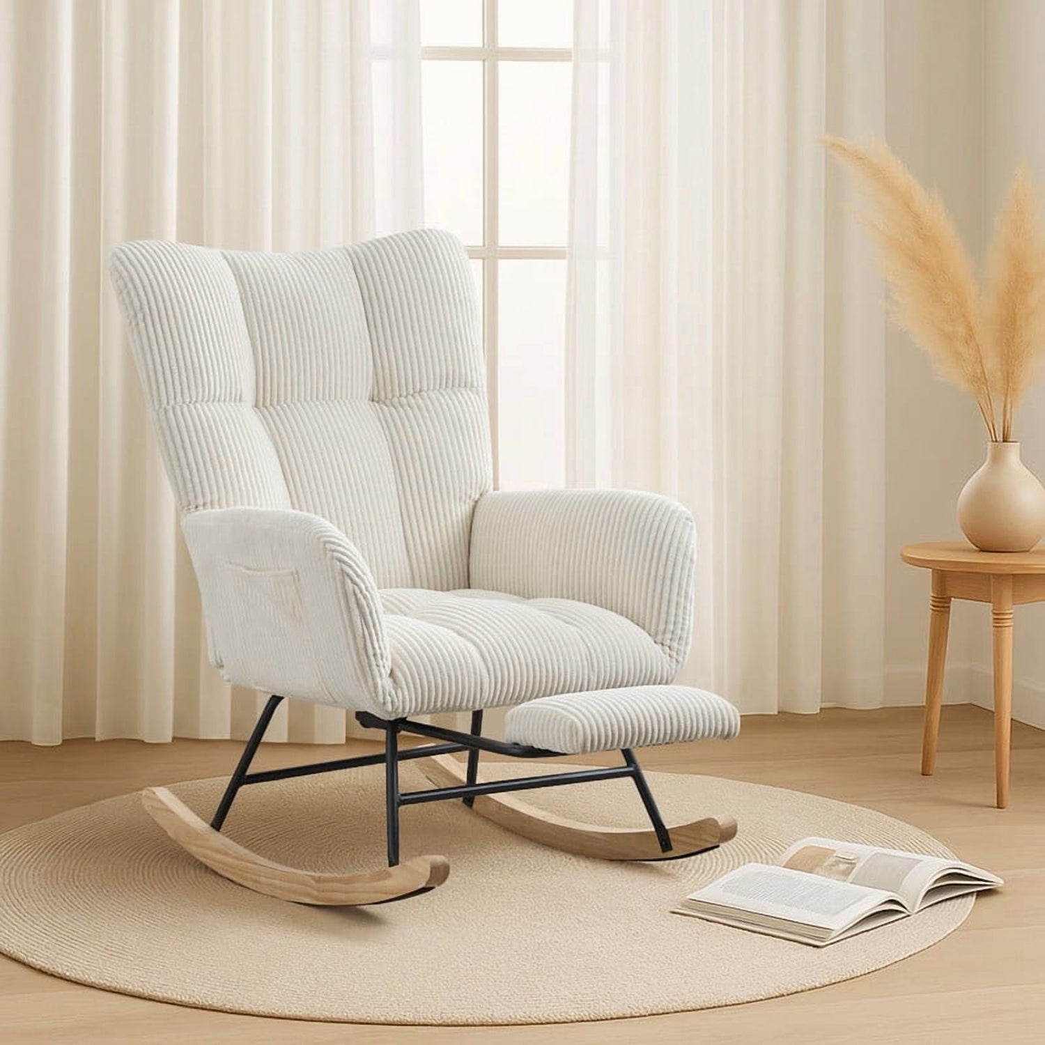 FFH Nursery Rocking Chair,Rocker Recliner Chair with High Backrest,Teddy Upholstered Glider Rocker with Adjustable Footrest,Glider Recliner,Reading Chair for Bed Room
