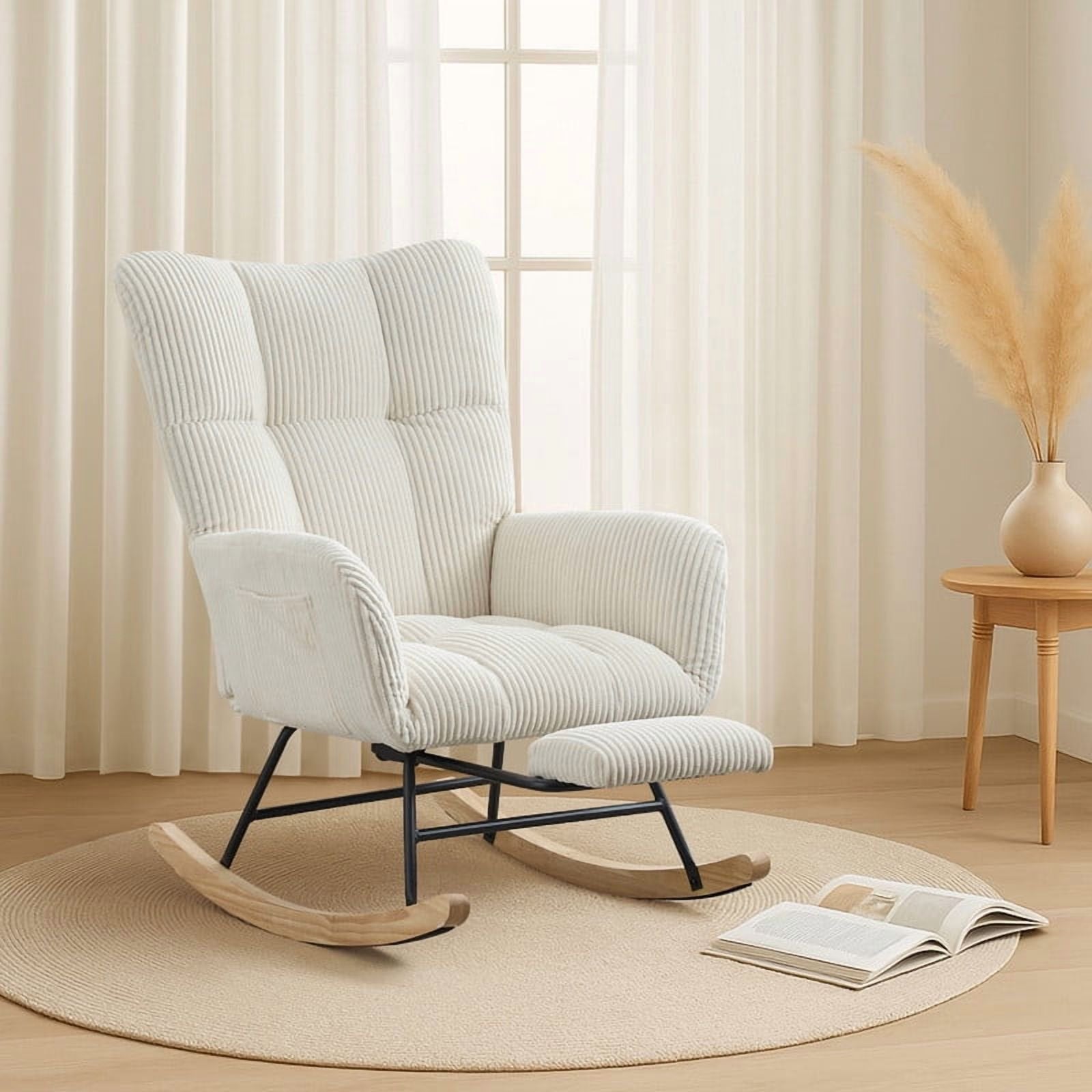 FFH Nursery Rocking Chair,Rocker Recliner Chair with High Backrest,Teddy Upholstered Glider Rocker with Adjustable Footrest,Glider Recliner,Reading Chair for Bed Room