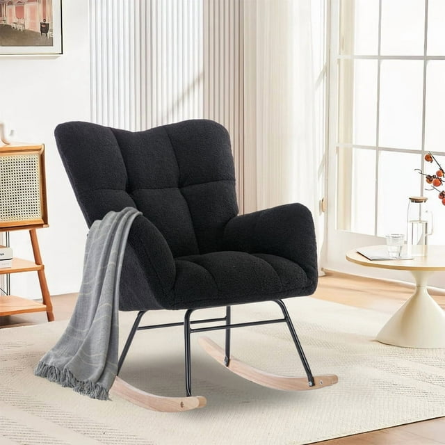 FFH Nursery Rocking Chair,Rocker Recliner Chair with High Backrest,Teddy Upholstered Glider Rocker with Adjustable Footrest,Glider Recliner,Reading Chair for Bed Room