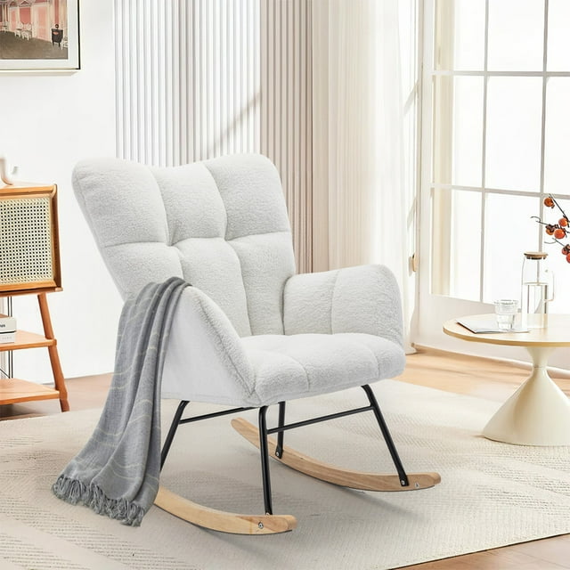 FFH Nursery Rocking Chair,Rocker Recliner Chair with High Backrest,Teddy Upholstered Glider Rocker with Adjustable Footrest,Glider Recliner,Reading Chair for Bed Room