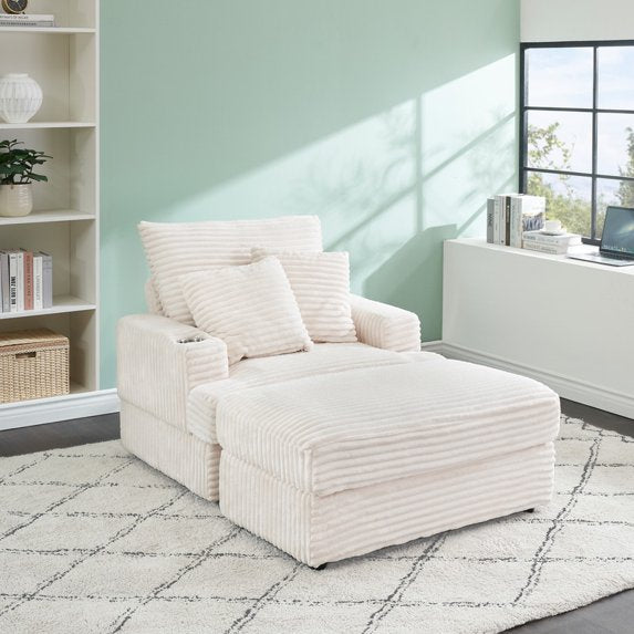 FFH Oversized Chair with Ottoman, Modern Accent Chair with Cup Holder, Corduroy Single Sofa Reading Chair for Living Room, Bedroom, Office