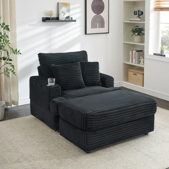 FFH Oversized Chair with Ottoman, Modern Accent Chair with Cup Holder, Corduroy Single Sofa Reading Chair for Living Room, Bedroom, Office
