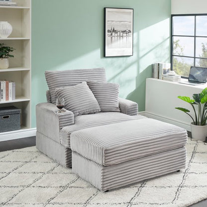 FFH Oversized Chair with Ottoman, Modern Accent Chair with Cup Holder, Corduroy Single Sofa Reading Chair for Living Room, Bedroom, Office