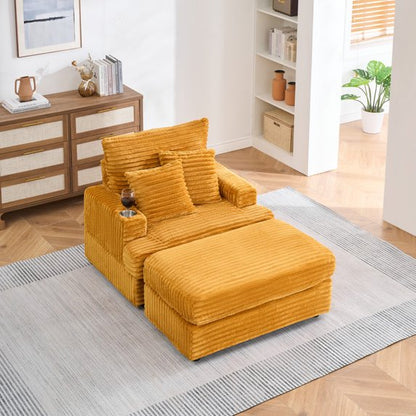 FFH Oversized Chair with Ottoman, Modern Accent Chair with Cup Holder, Corduroy Single Sofa Reading Chair for Living Room, Bedroom, Office