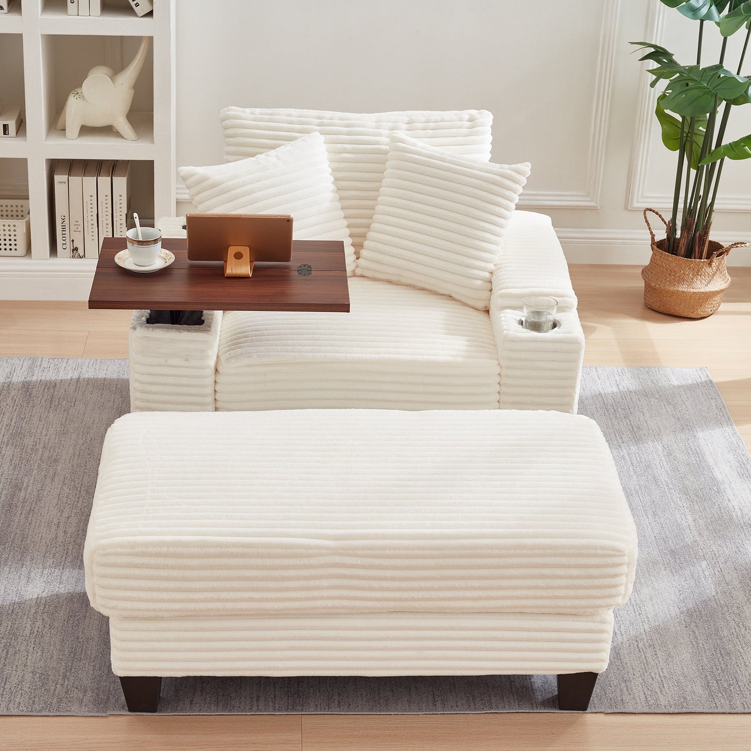 FFH Oversized Living Room Chair with Bluetooth Speaker, Ottoman, Rotating Table Board &amp; USB, Cozy Indoor Lounge Reading Armchair, White Corduroy