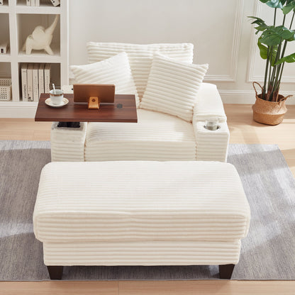 FFH Oversized Living Room Chair with Bluetooth Speaker, Ottoman, Rotating Table Board &amp; USB, Cozy Indoor Lounge Reading Armchair, White Corduroy