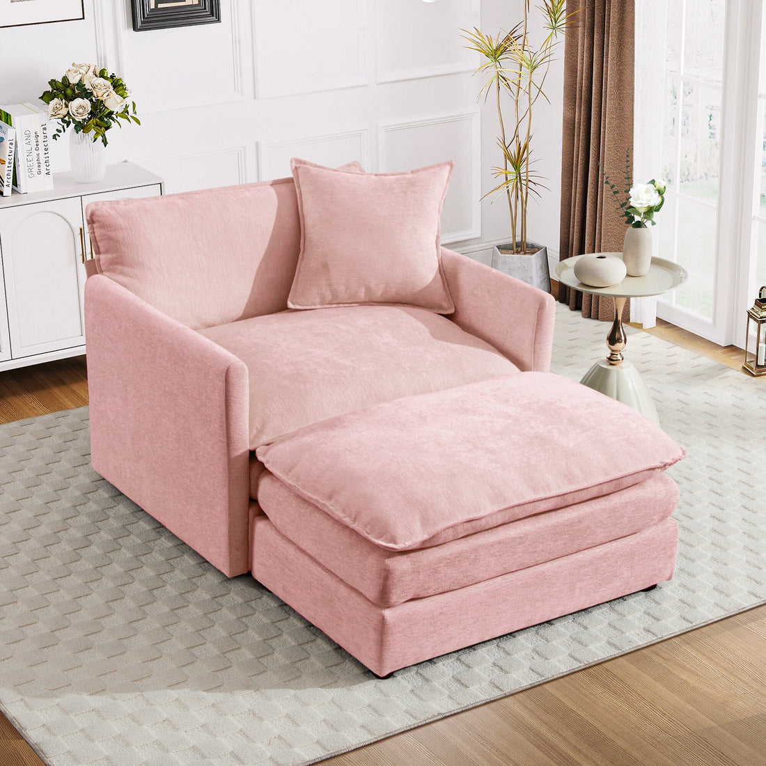 FFH Oversized Lounge Chair with Ottoman, Plush Cloud Accent Armchair for Living Room, Bedroom, Pink Chenille