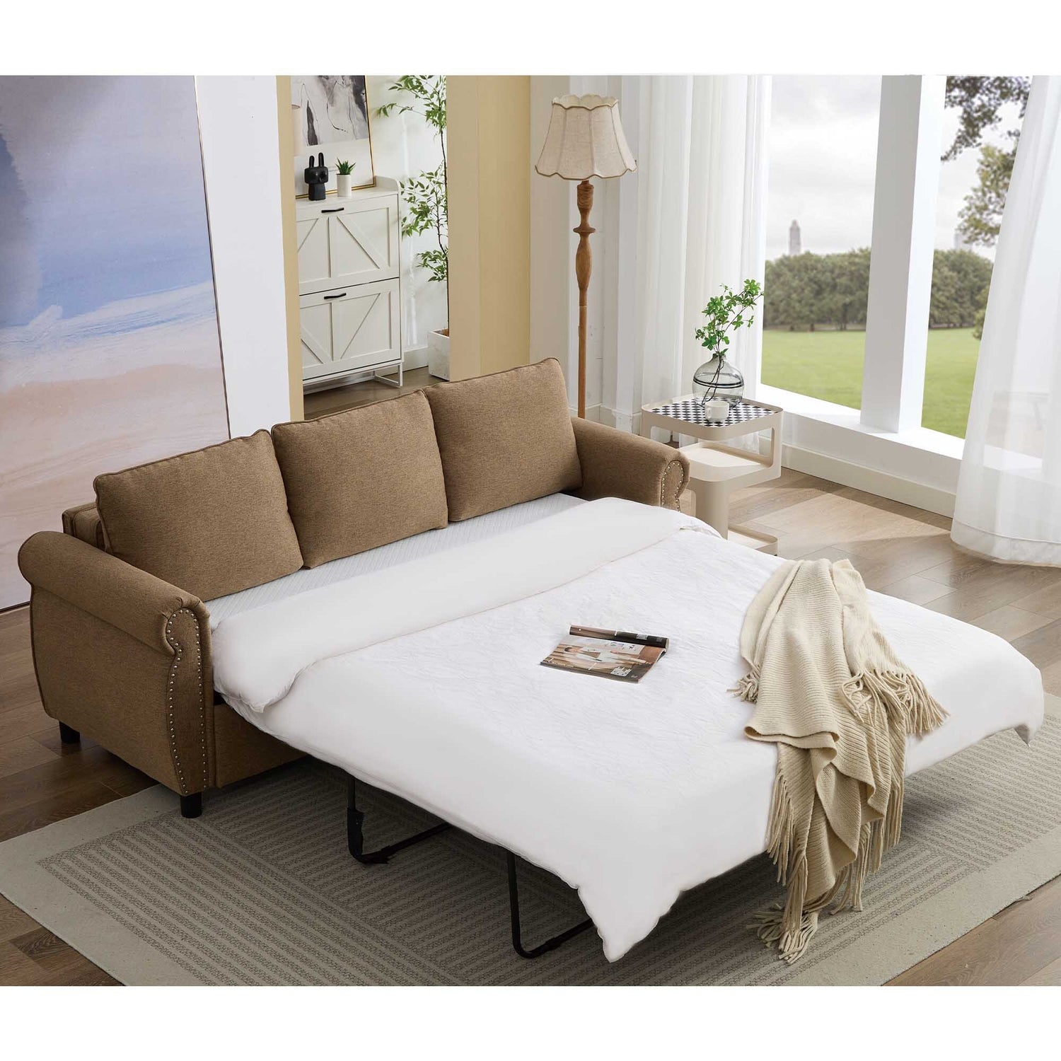 FFH Queen Size Pull Out Sofa Bed, 2-in-1 Convertible Sleeper Couches with Memory Foam Mattress, 3 Seat Sleeper Couch Beds for Living Room, Brown