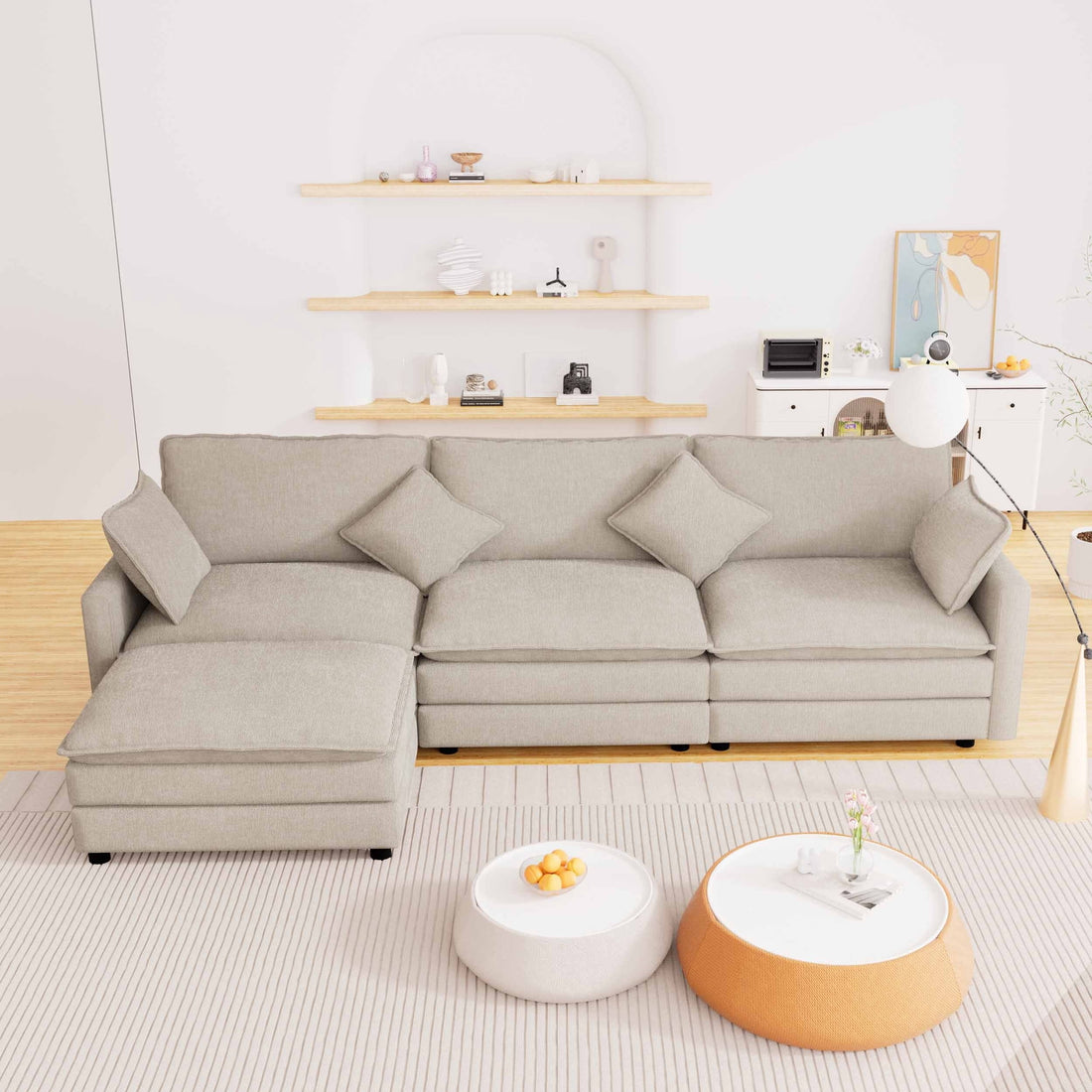 FFH Sectional Cloud Couch with Reversible Ottoman, L-Shaped Chenille Sofa for Living Room, Camel