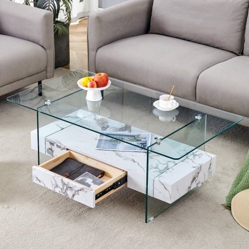 FFH 43.3 Inch Modern Coffee Table with Storage Drawer for Living Room,Clear Tempered Glass and Natural Wood Grain,Tea Table Suitable for Waiting Room,Side Coffee Table with Lower Shelf