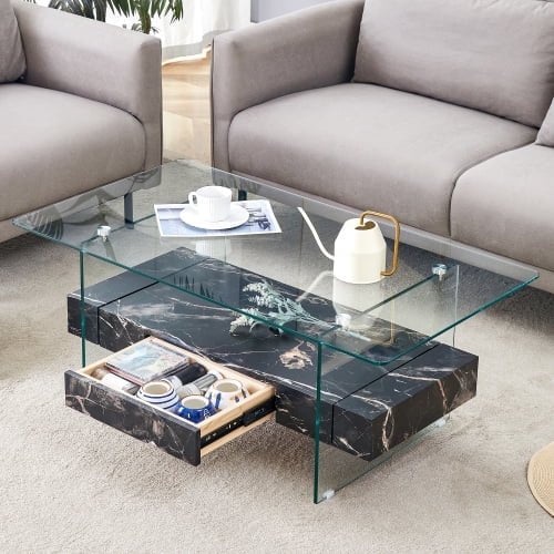 FFH 43.3 Inch Modern Coffee Table with Storage Drawer for Living Room,Clear Tempered Glass and Natural Wood Grain,Tea Table Suitable for Waiting Room,Side Coffee Table with Lower Shelf