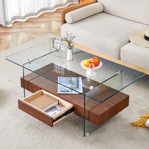 FFH 43.3 Inch Modern Coffee Table with Storage Drawer for Living Room,Clear Tempered Glass and Natural Wood Grain,Tea Table Suitable for Waiting Room,Side Coffee Table with Lower Shelf