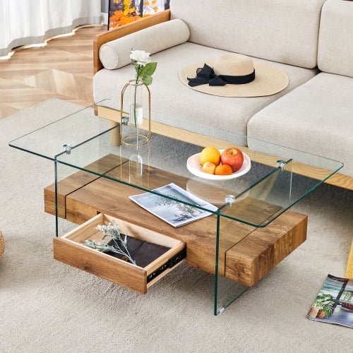 FFH 43.3 Inch Modern Coffee Table with Storage Drawer for Living Room,Clear Tempered Glass and Natural Wood Grain,Tea Table Suitable for Waiting Room,Side Coffee Table with Lower Shelf