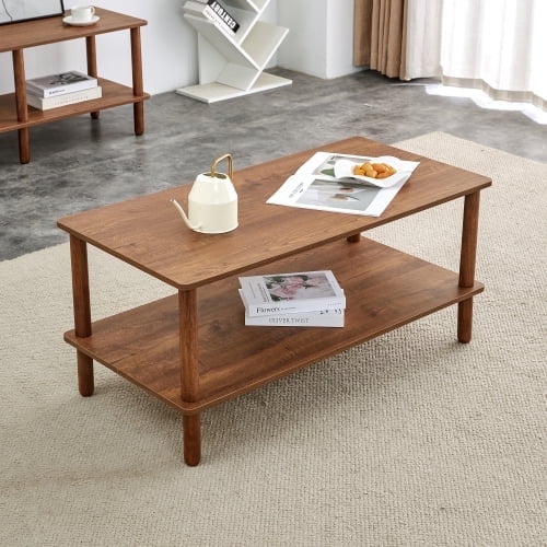 FFH Modern 2-Tier Coffee Table for Living Room Furniture,40 Inch Rectangular Center Table with Open Storage Shelf,Rounded Rubberwood legs,Stable and Durable,Easy Assembly