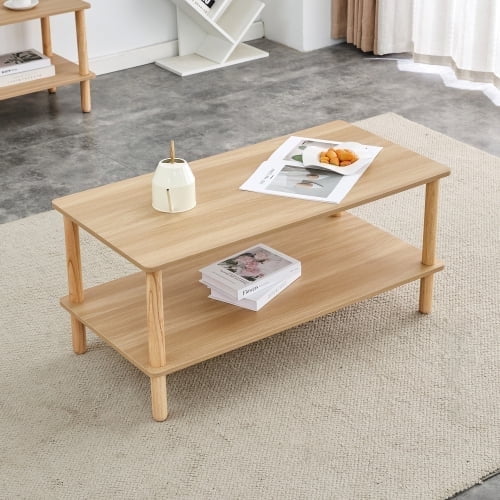 FFH Modern 2-Tier Coffee Table for Living Room Furniture,40 Inch Rectangular Center Table with Open Storage Shelf,Rounded Rubberwood legs,Stable and Durable,Easy Assembly