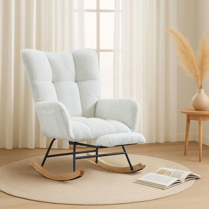 FFH Nursery Rocking Chair,Rocker Recliner Chair with High Backrest,Teddy Upholstered Glider Rocker with Adjustable Footrest,Glider Recliner,Reading Chair for Bed Room