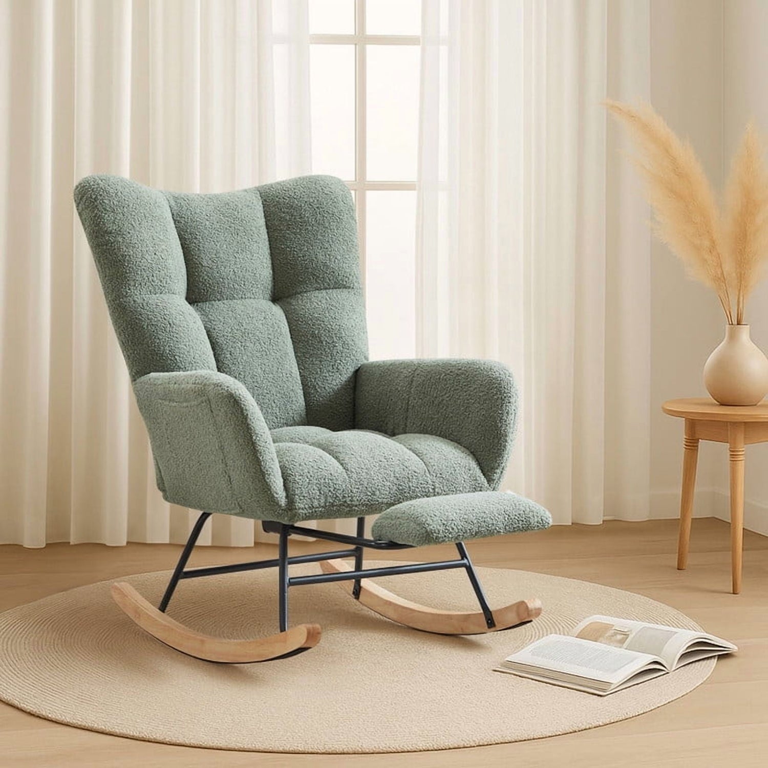 FFH Nursery Rocking Chair,Rocker Recliner Chair with High Backrest,Teddy Upholstered Glider Rocker with Adjustable Footrest,Glider Recliner,Reading Chair for Bed Room