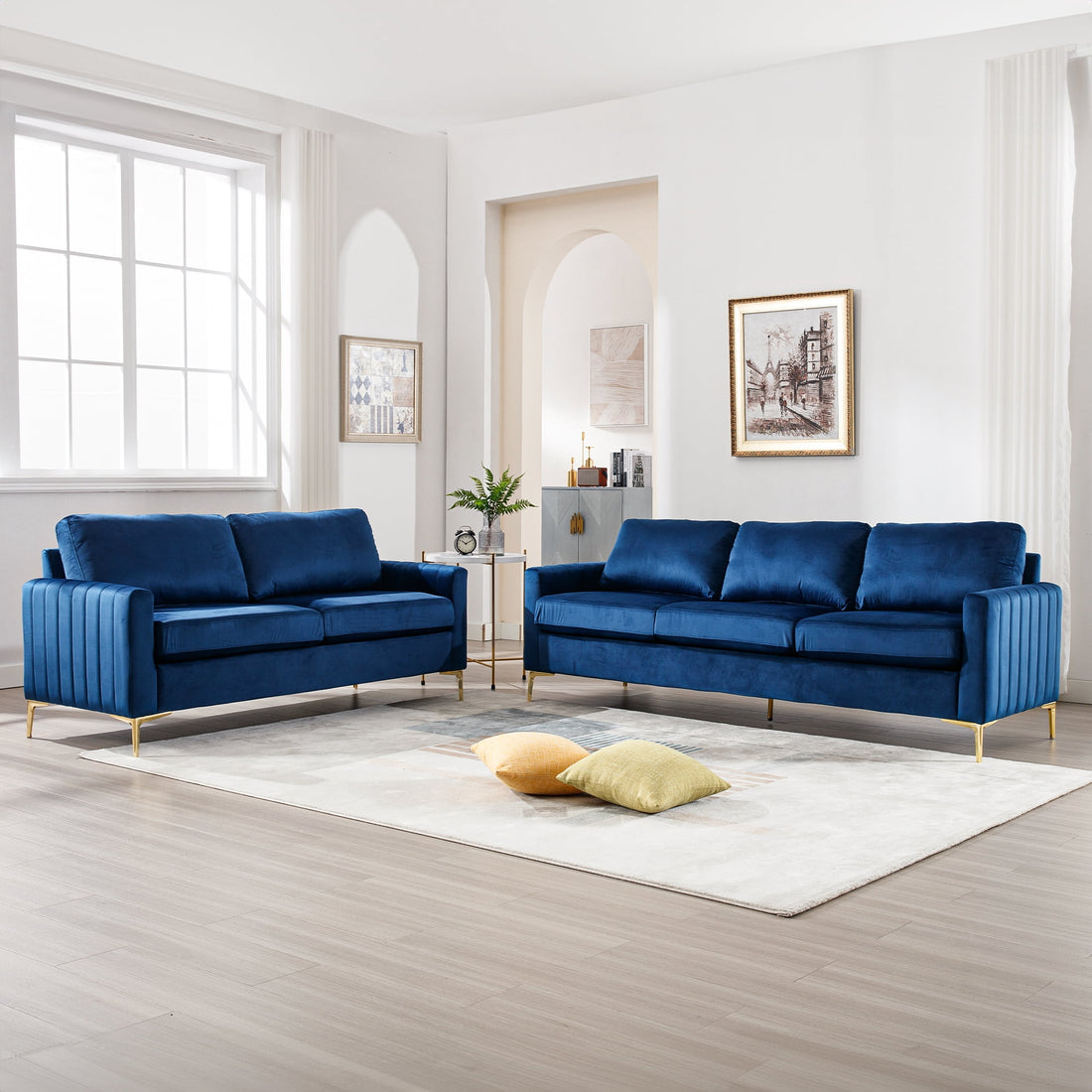 FFH 2 Pieces Velvet Living Room Sets, Modern 2 Seater Loveseat Sofa and 3 Seater Sofa Couch, Navy Blue