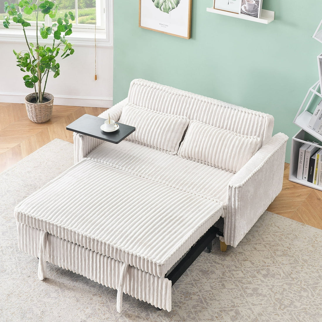 FFH 3 in 1 Convertible Pull Out Sofa with Tabletop &amp; USB Ports, Sleeper Sofa Bed with 2 Soft Pillows, Upholstered Comfy Lounge Corduroy Couch with 3-Level Adjustable Angle Backrest