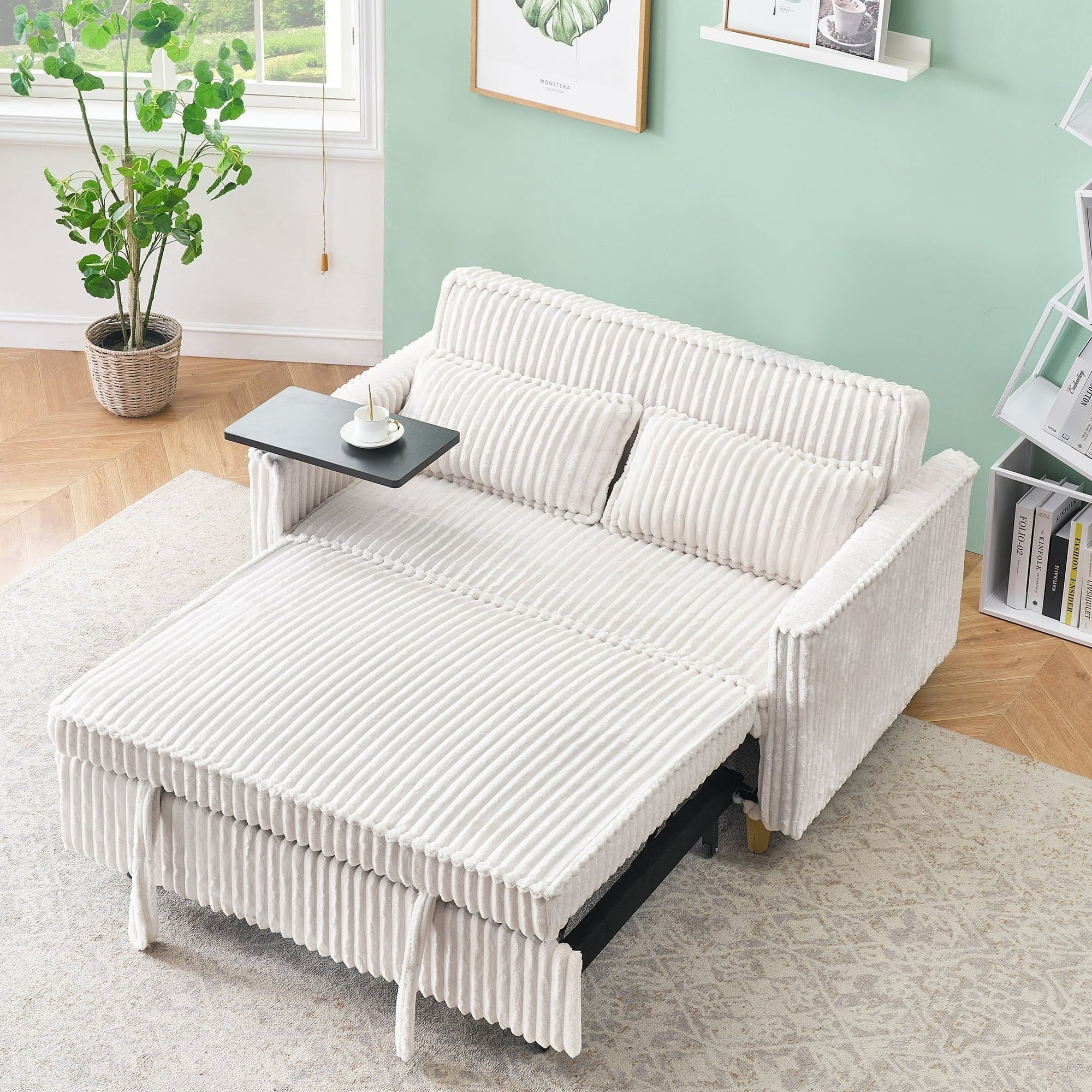 FFH 3 in 1 Convertible Pull Out Sofa with Tabletop &amp; USB Ports, Sleeper Sofa Bed with 2 Soft Pillows, Upholstered Comfy Lounge Corduroy Couch with 3-Level Adjustable Angle Backrest