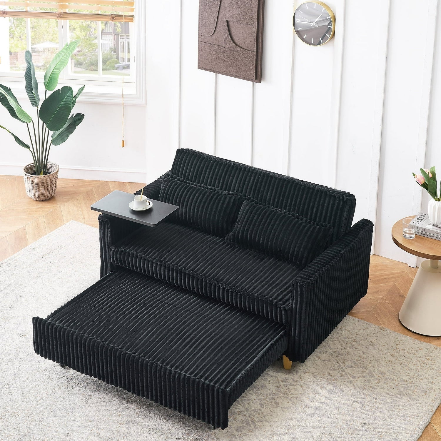 FFH 3 in 1 Convertible Pull Out Sofa with Tabletop &amp; USB Ports, Sleeper Sofa Bed with 2 Soft Pillows, Upholstered Comfy Lounge Corduroy Couch with 3-Level Adjustable Angle Backrest
