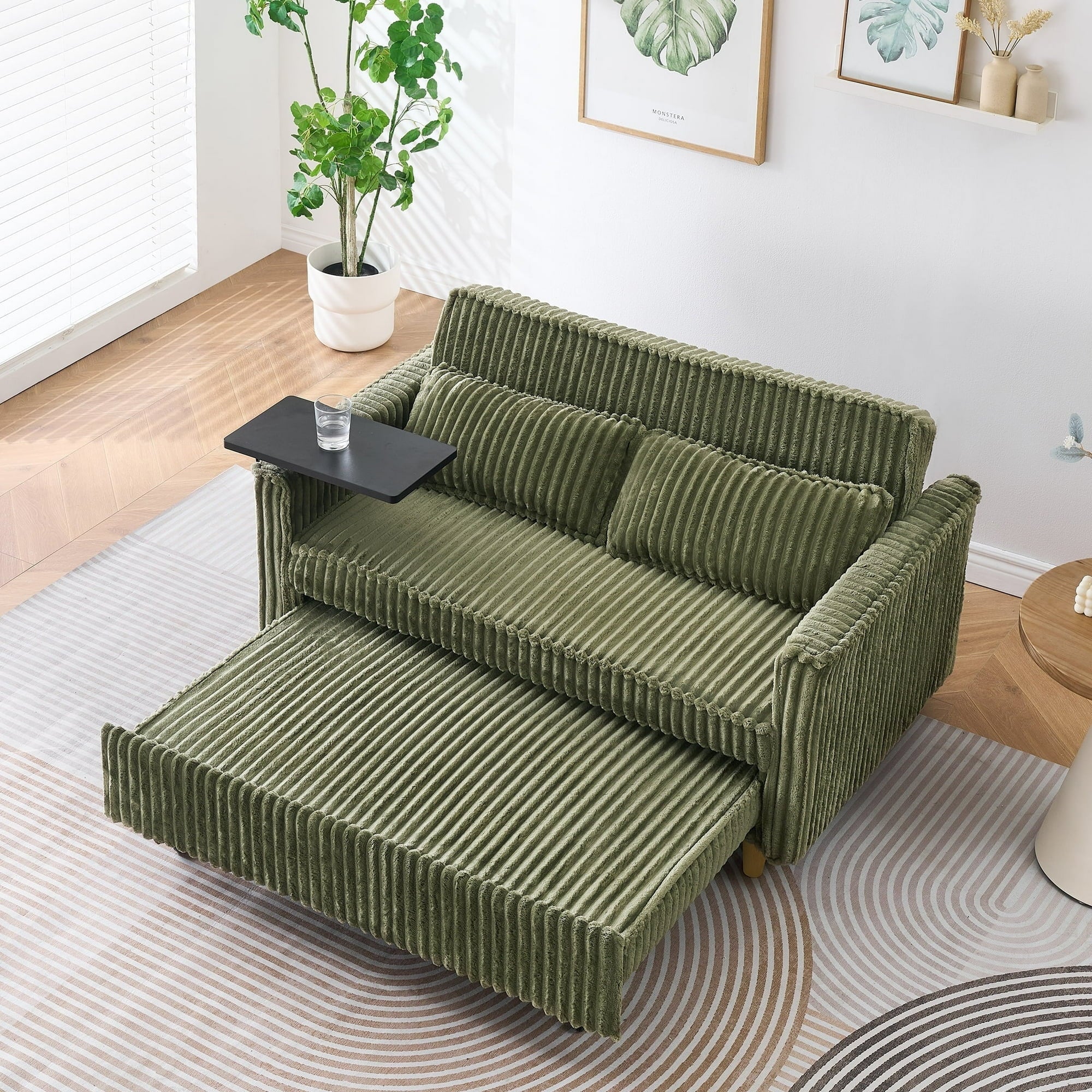 FFH 3 in 1 Convertible Pull Out Sofa with Tabletop &amp; USB Ports, Sleeper Sofa Bed with 2 Soft Pillows, Upholstered Comfy Lounge Corduroy Couch with 3-Level Adjustable Angle Backrest