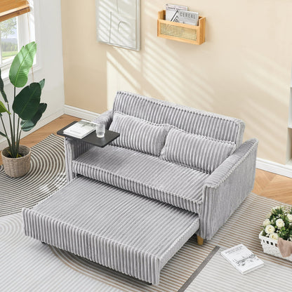 FFH 3 in 1 Convertible Pull Out Sofa with Tabletop &amp; USB Ports, Sleeper Sofa Bed with 2 Soft Pillows, Upholstered Comfy Lounge Corduroy Couch with 3-Level Adjustable Angle Backrest