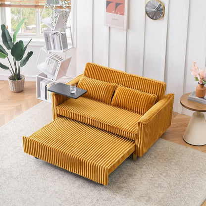 FFH 3 in 1 Convertible Pull Out Sofa with Tabletop &amp; USB Ports, Sleeper Sofa Bed with 2 Soft Pillows, Upholstered Comfy Lounge Corduroy Couch with 3-Level Adjustable Angle Backrest