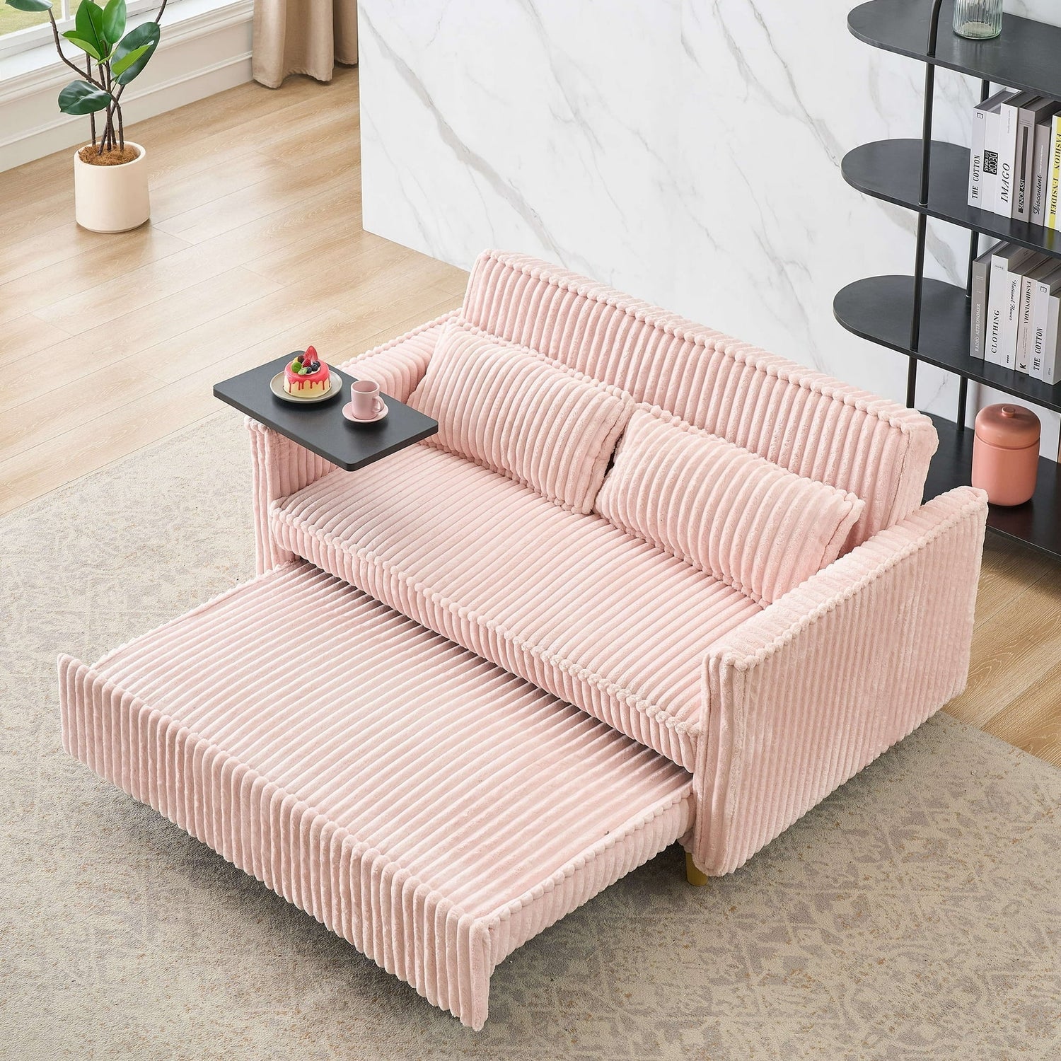 FFH 3 in 1 Convertible Pull Out Sofa with Tabletop &amp; USB Ports, Sleeper Sofa Bed with 2 Soft Pillows, Upholstered Comfy Lounge Corduroy Couch with 3-Level Adjustable Angle Backrest