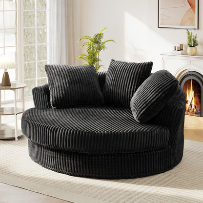 Muumblus 61" Oversized Round Boneless Lounge Chaise Chair Indoor, Corduroy Deep Seat Cloud Couch Sleeper Sofa Bed with 3 Pillows, No Assembly Barrel Chair for Living Room, Gray