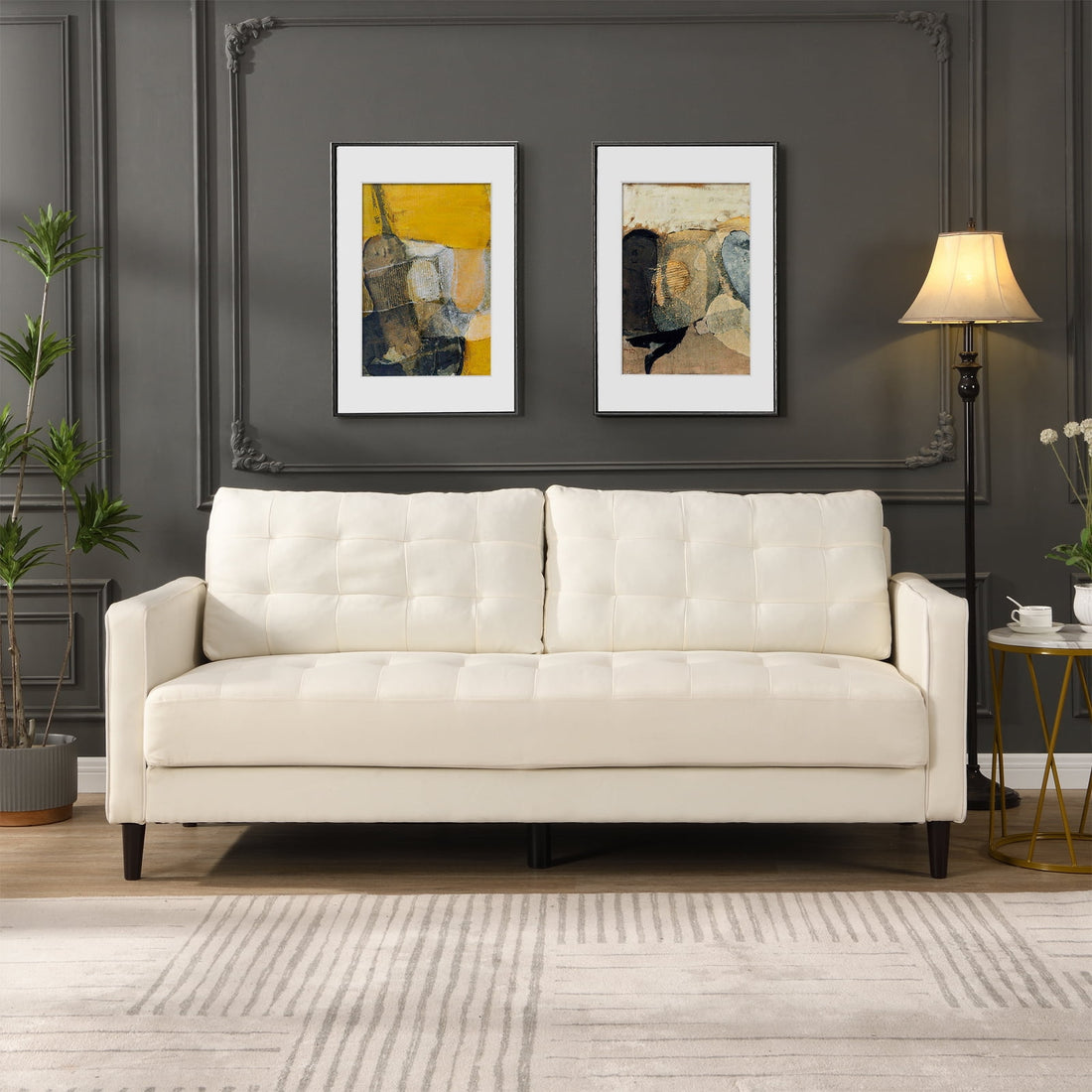 FFH 75 " Fabric Tufted Upholstered Sofa Couch with Square Arm, Modern 3 Seater Sofa for Living Room, Beige