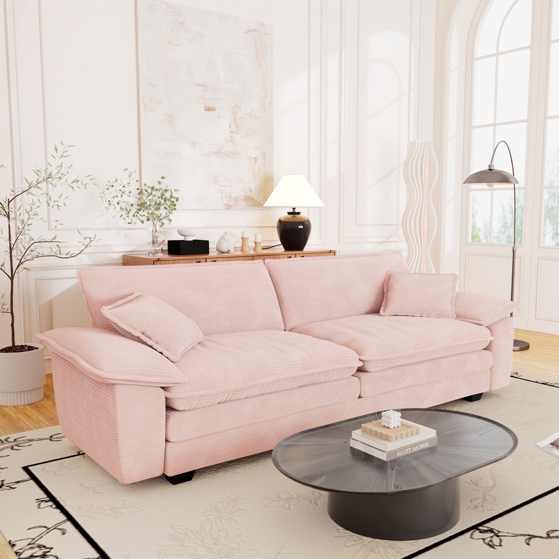 FFH 80.5" Corduroy Loveseat Sofa, Oversized Upholstered 2-Seater Fluffy Cloud Sleeper Couch for Living Room/Apt, Pink