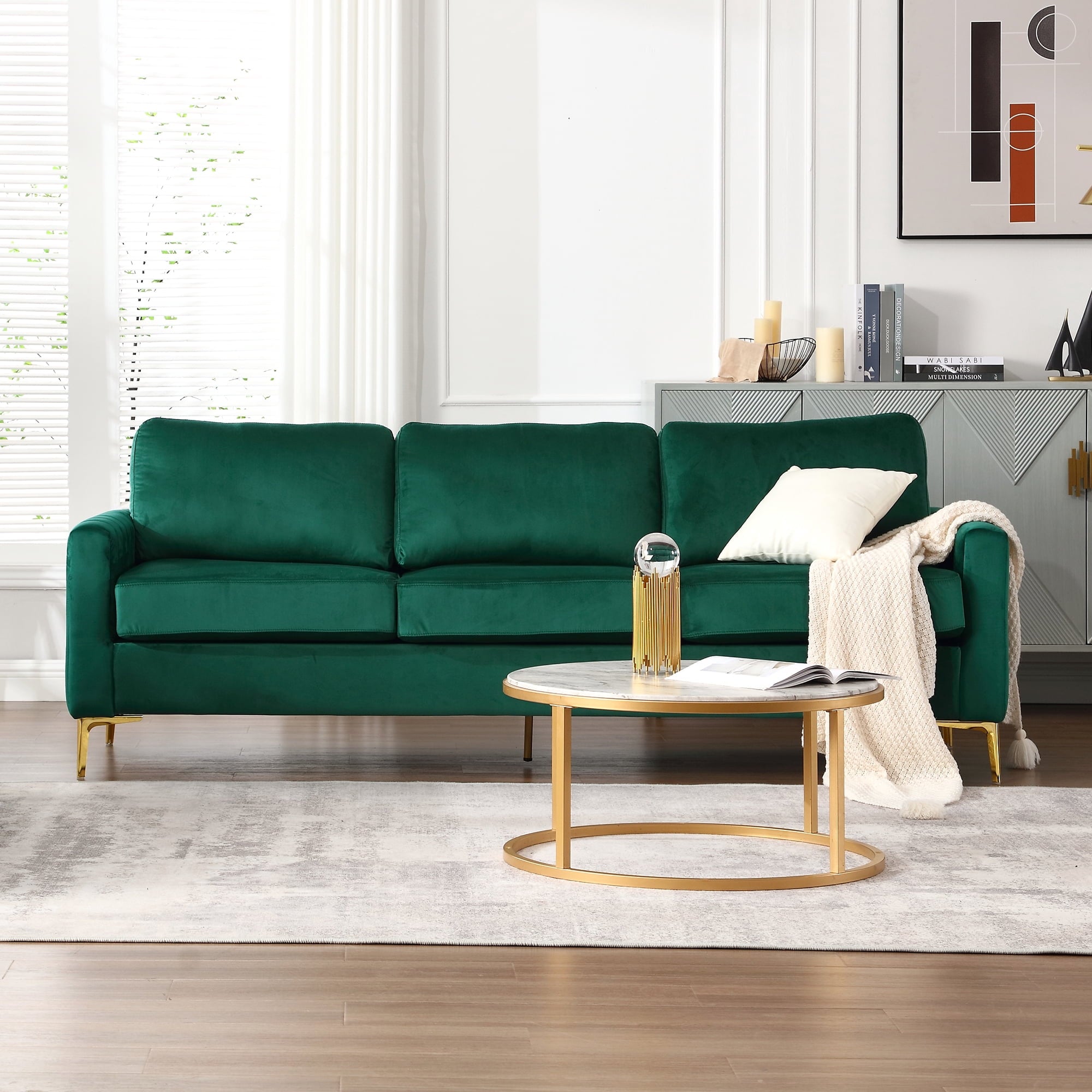 FFH 85 inch Sofa Couch, 3 Seater Loveseat Sofa, Mid Century Modern Tufted Velvet Couch for Living Room, Living Room Furniture Sets, Green