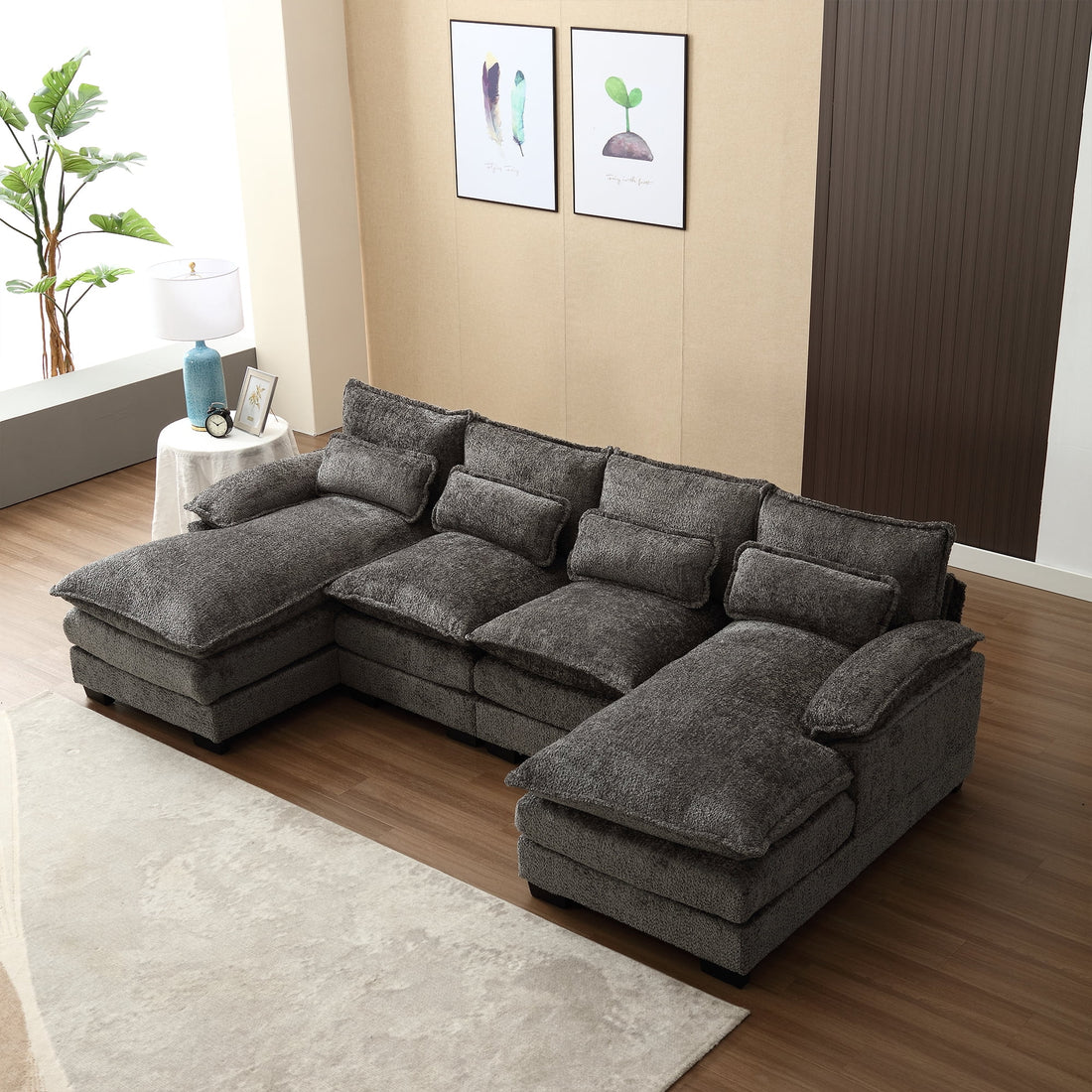 FFH Chenille Sectional Sofa with 2 Chaise, 110.6" Large Reversible Modular Sofa, Modern U-Shaped Sofa Couch for Living Room, Dark Gray
